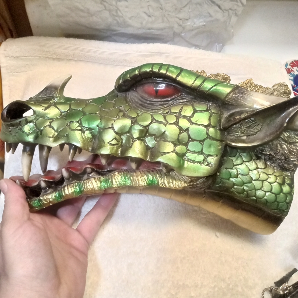 Vibrant Green Metallic Dragon Head Statue--- (11 Inches Tall)